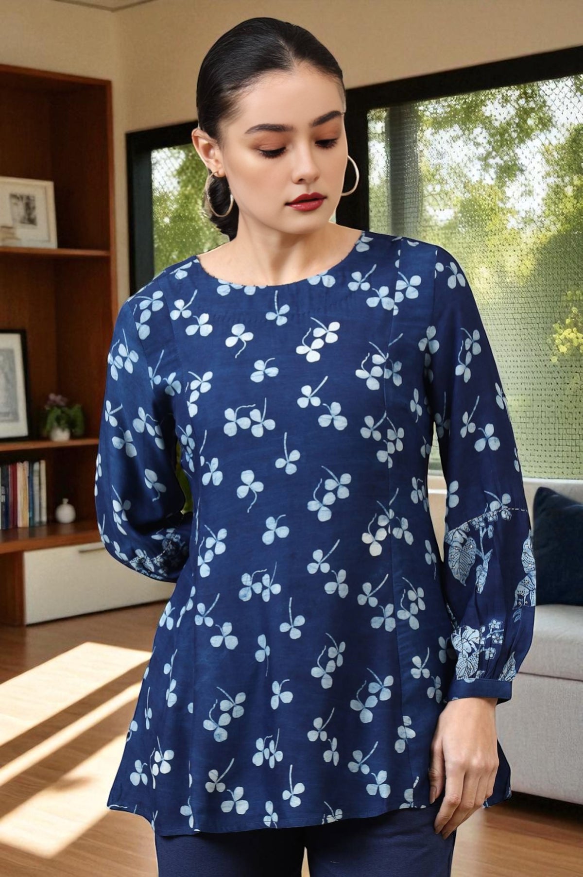 Indigo Dabu Printed Top in Lustrous Modal Satin - XS