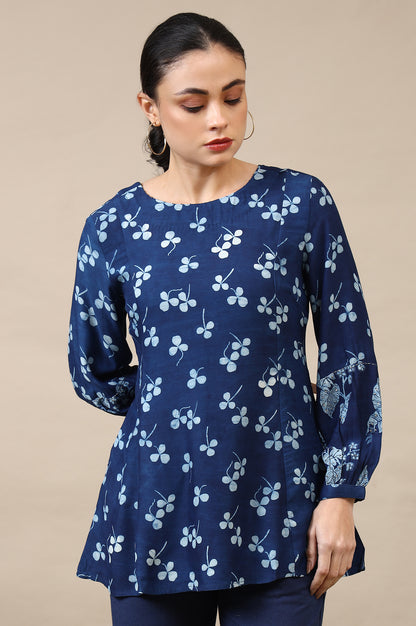 Indigo Dabu Printed Top in Lustrous Modal Satin