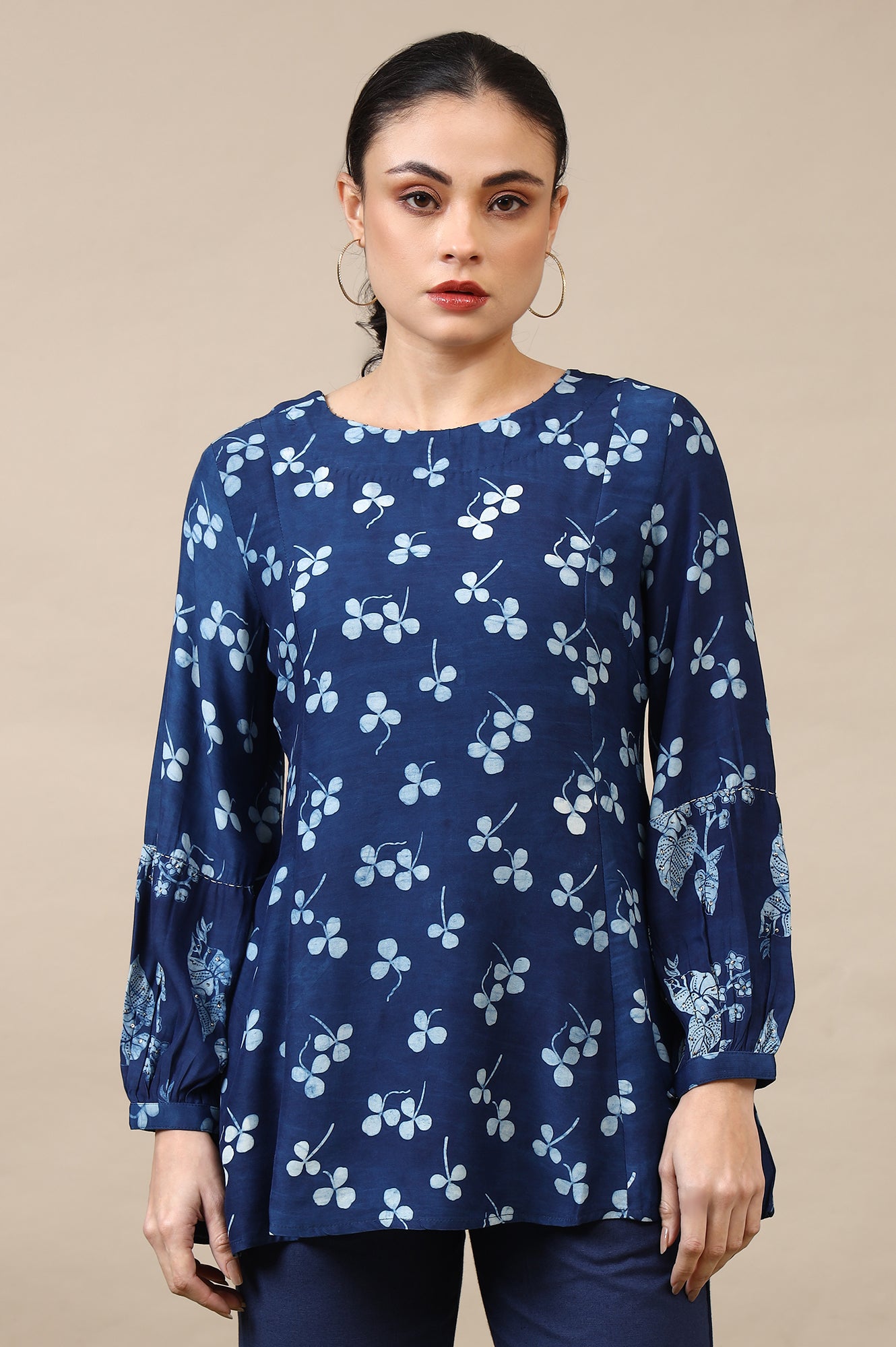 Indigo Dabu Printed Top in Lustrous Modal Satin