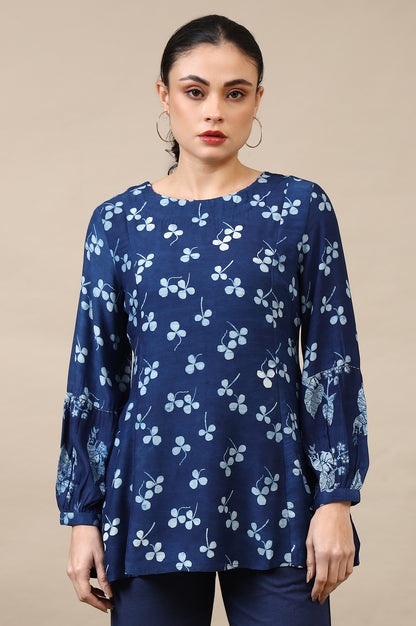 Indigo Dabu Printed Top in Lustrous Modal Satin