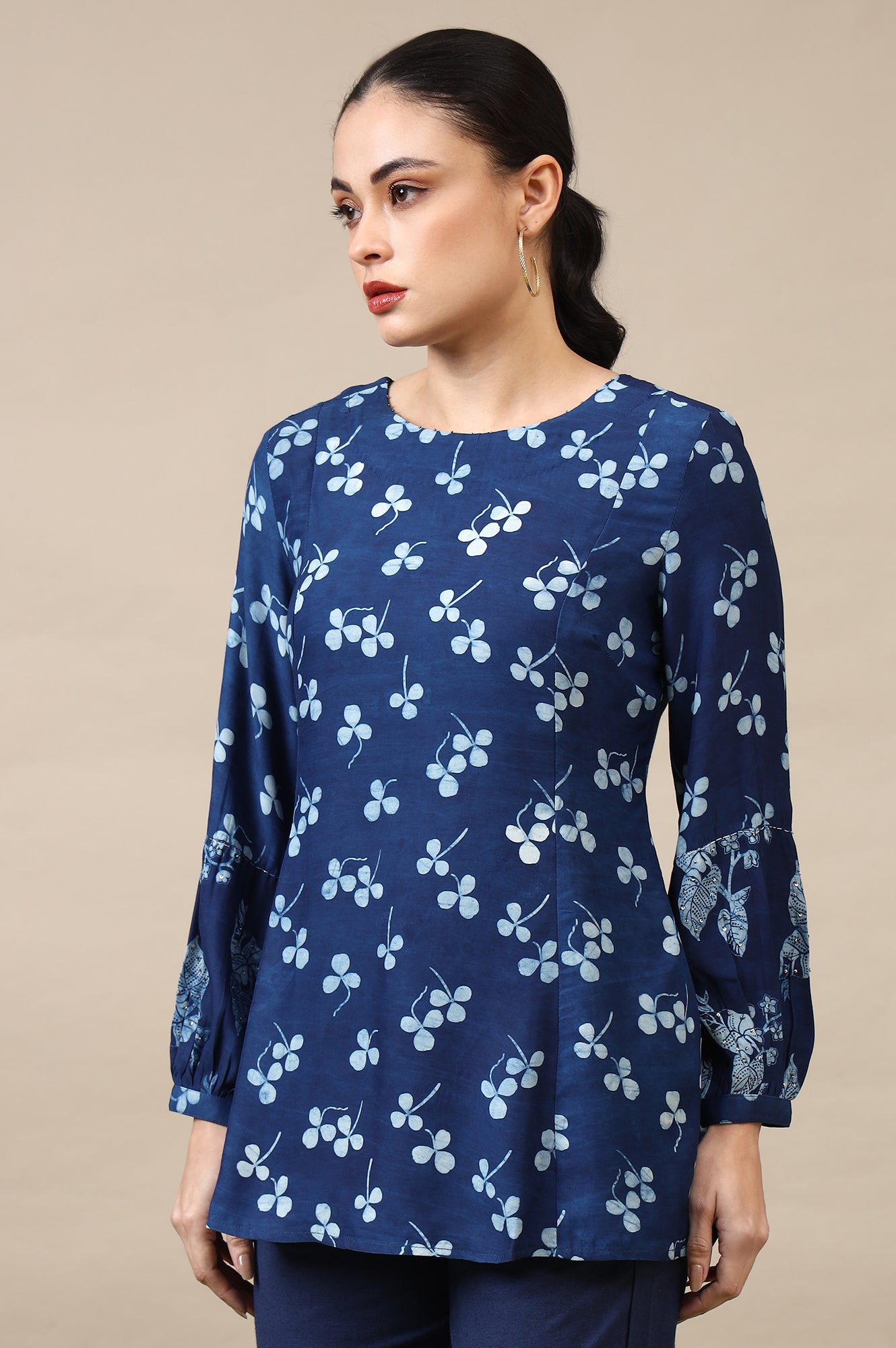 Indigo Dabu Printed Top in Lustrous Modal Satin