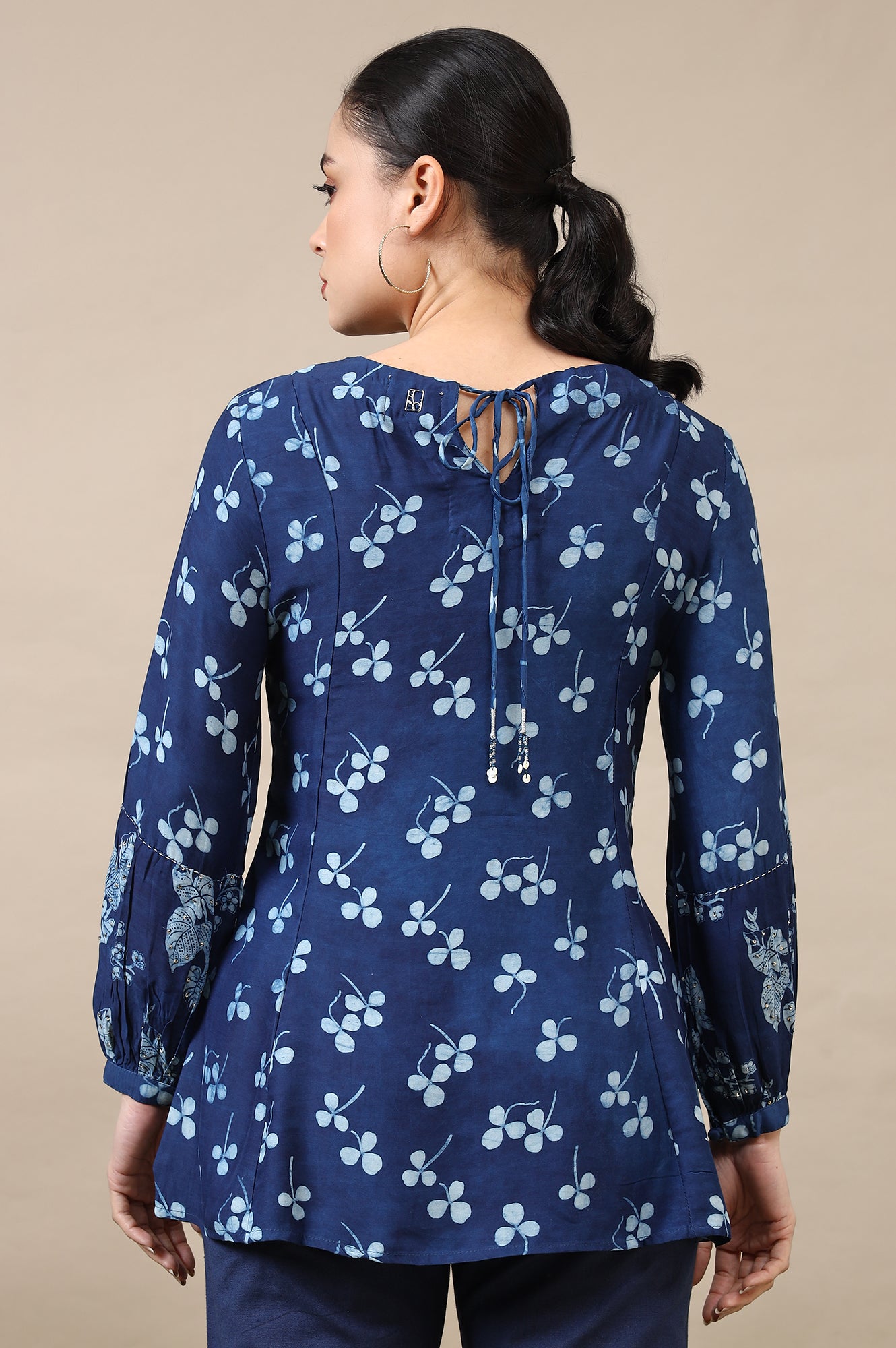 Indigo Dabu Printed Top in Lustrous Modal Satin