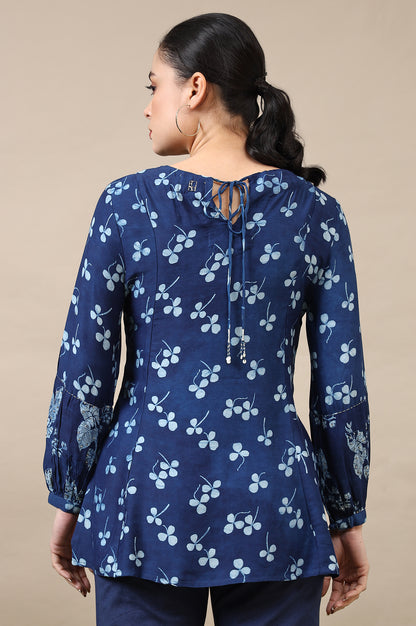 Indigo Dabu Printed Top in Lustrous Modal Satin