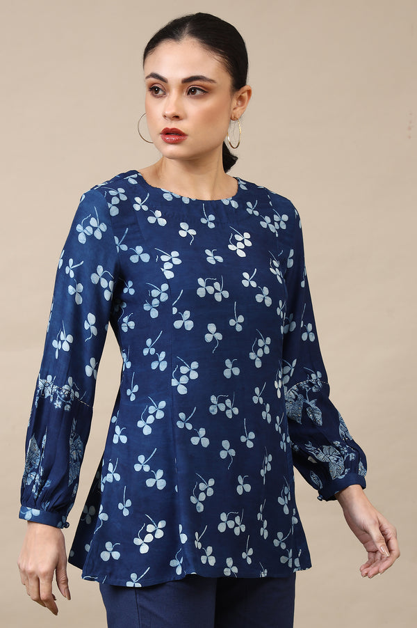 Indigo Dabu Printed Top in Lustrous Modal Satin