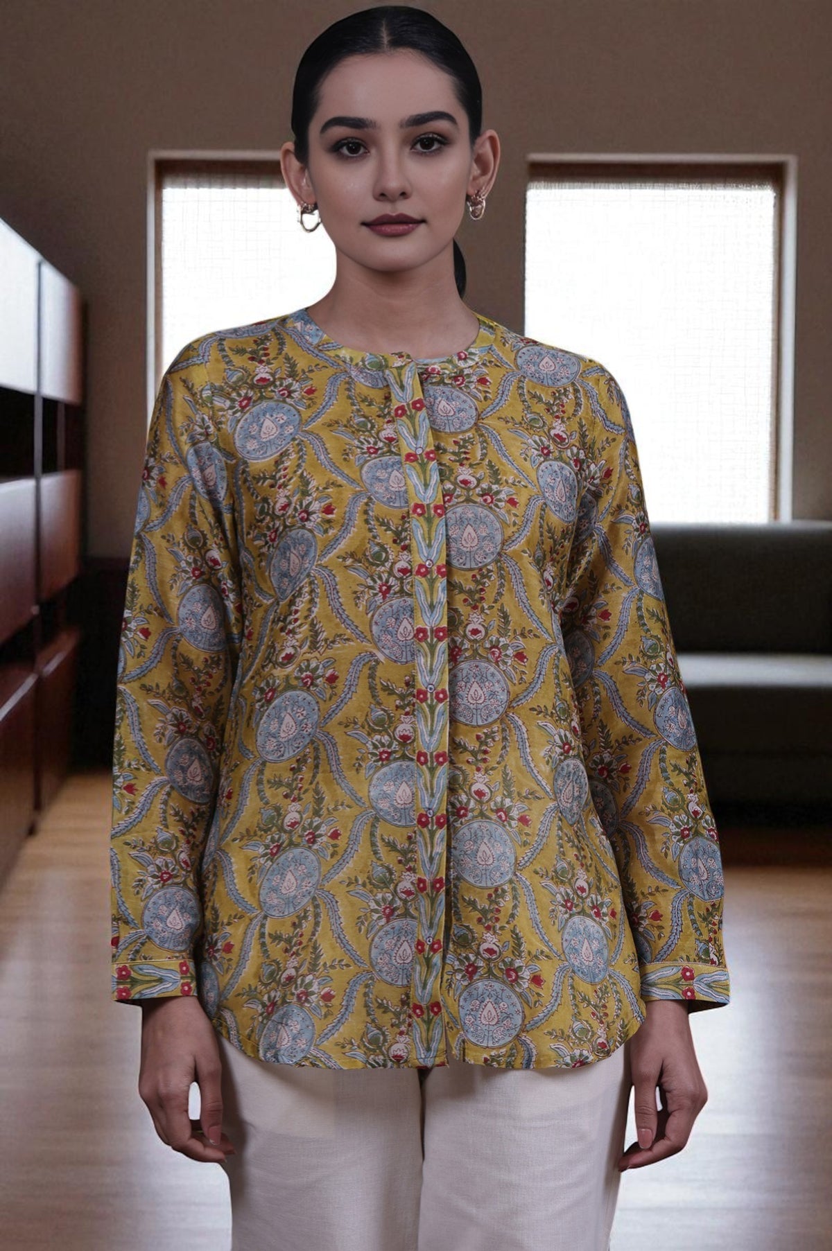 Yellow Floral Printed Mirror Work Straight Cotton Blend Top - XS