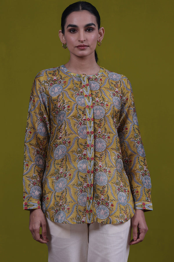 Yellow Floral Printed Mirror Work Straight Cotton Blend Top
