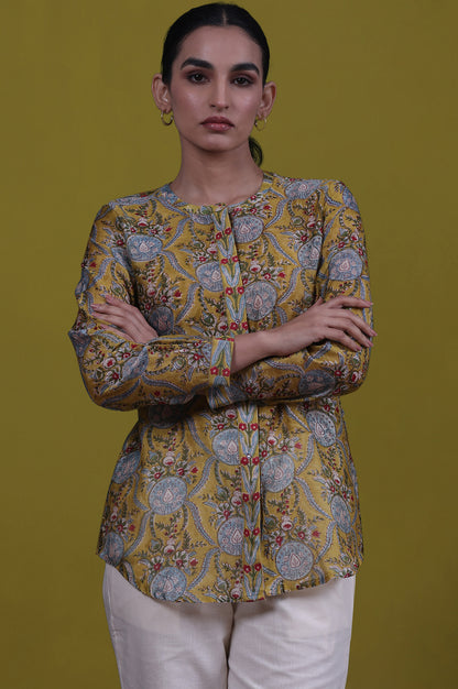 Yellow Floral Printed Mirror Work Straight Cotton Blend Top