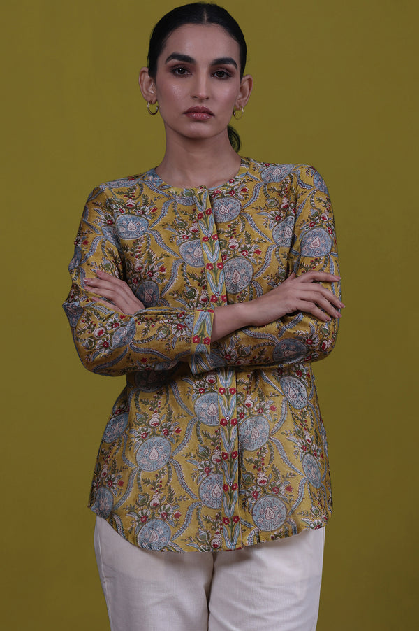 Yellow Floral Printed Mirror Work Straight Cotton Blend Top