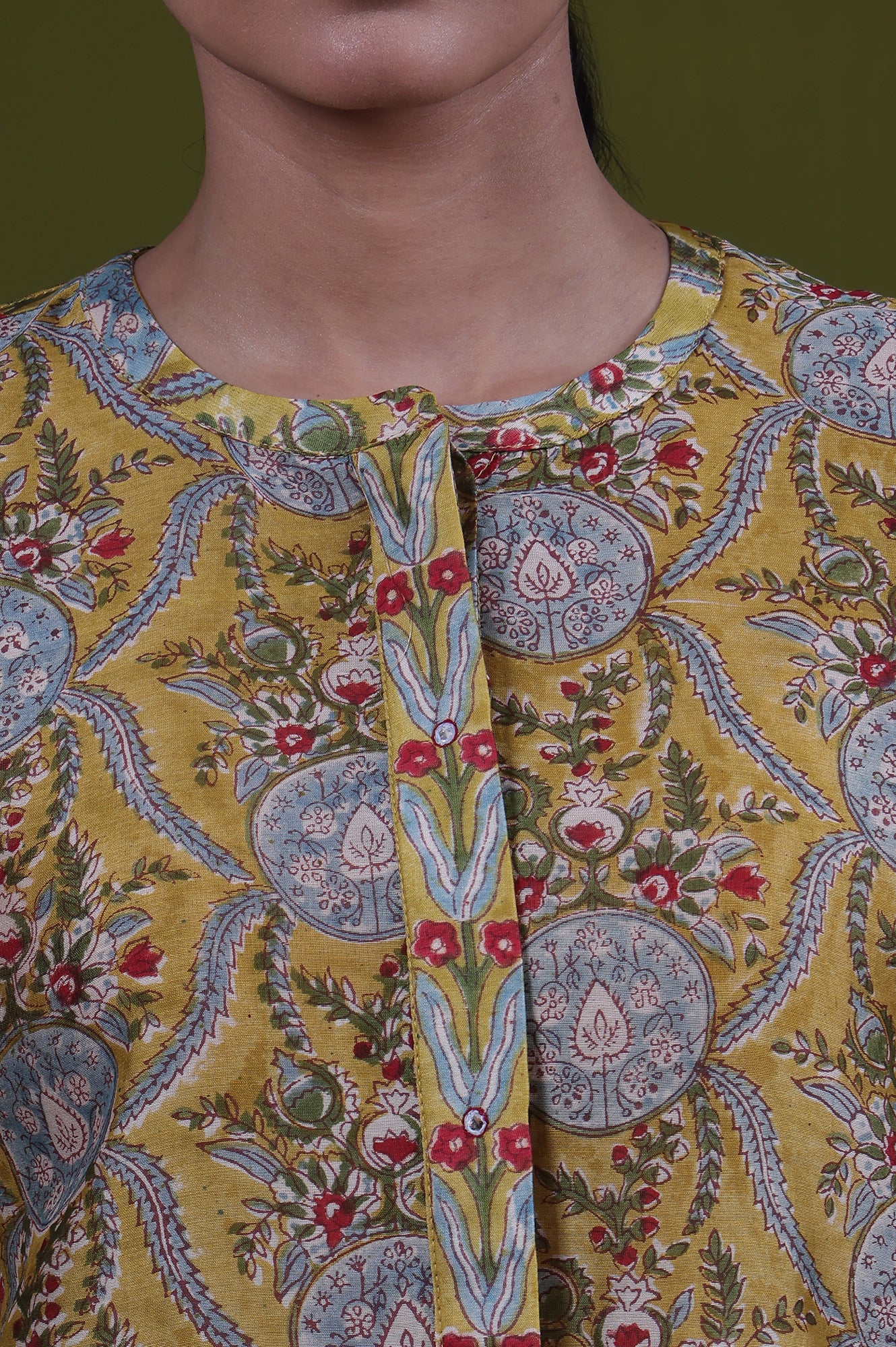 Yellow Floral Printed Mirror Work Straight Cotton Blend Top