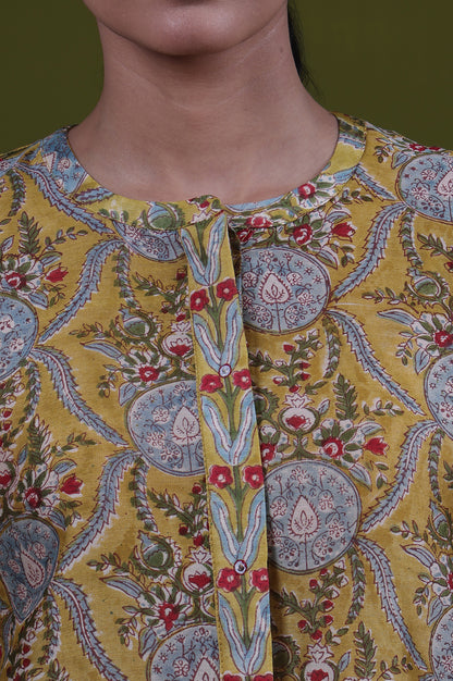 Yellow Floral Printed Mirror Work Straight Cotton Blend Top