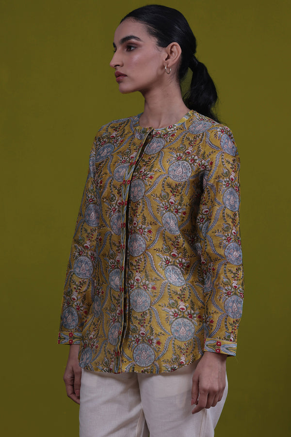 Yellow Floral Printed Mirror Work Straight Cotton Blend Top