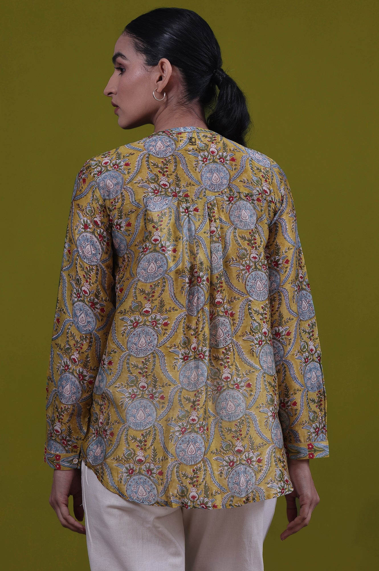 Yellow Floral Printed Mirror Work Straight Cotton Blend Top
