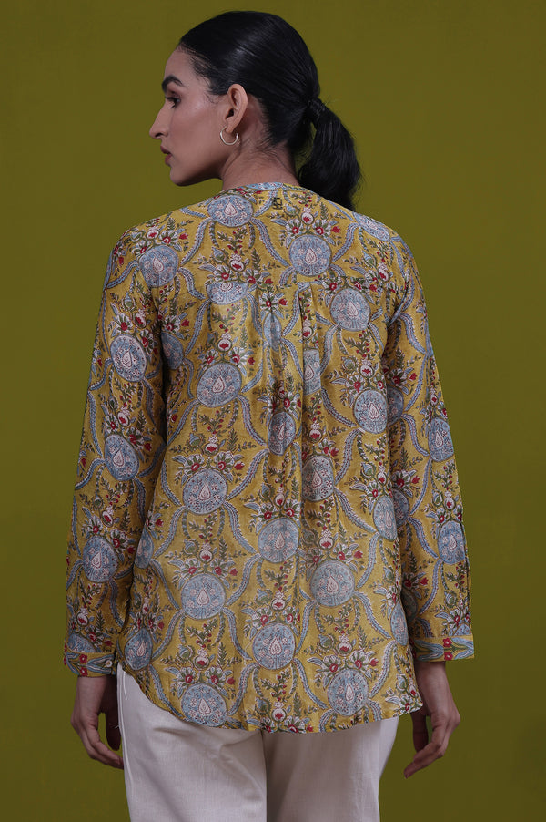 Yellow Floral Printed Mirror Work Straight Cotton Blend Top