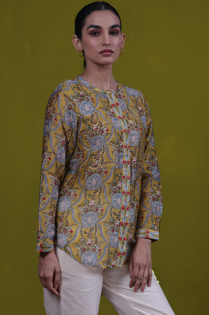 Yellow Floral Printed Mirror Work Straight Cotton Blend Top
