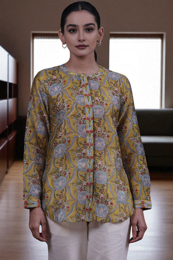 Yellow Floral Printed Mirror Work Straight Cotton Blend Top