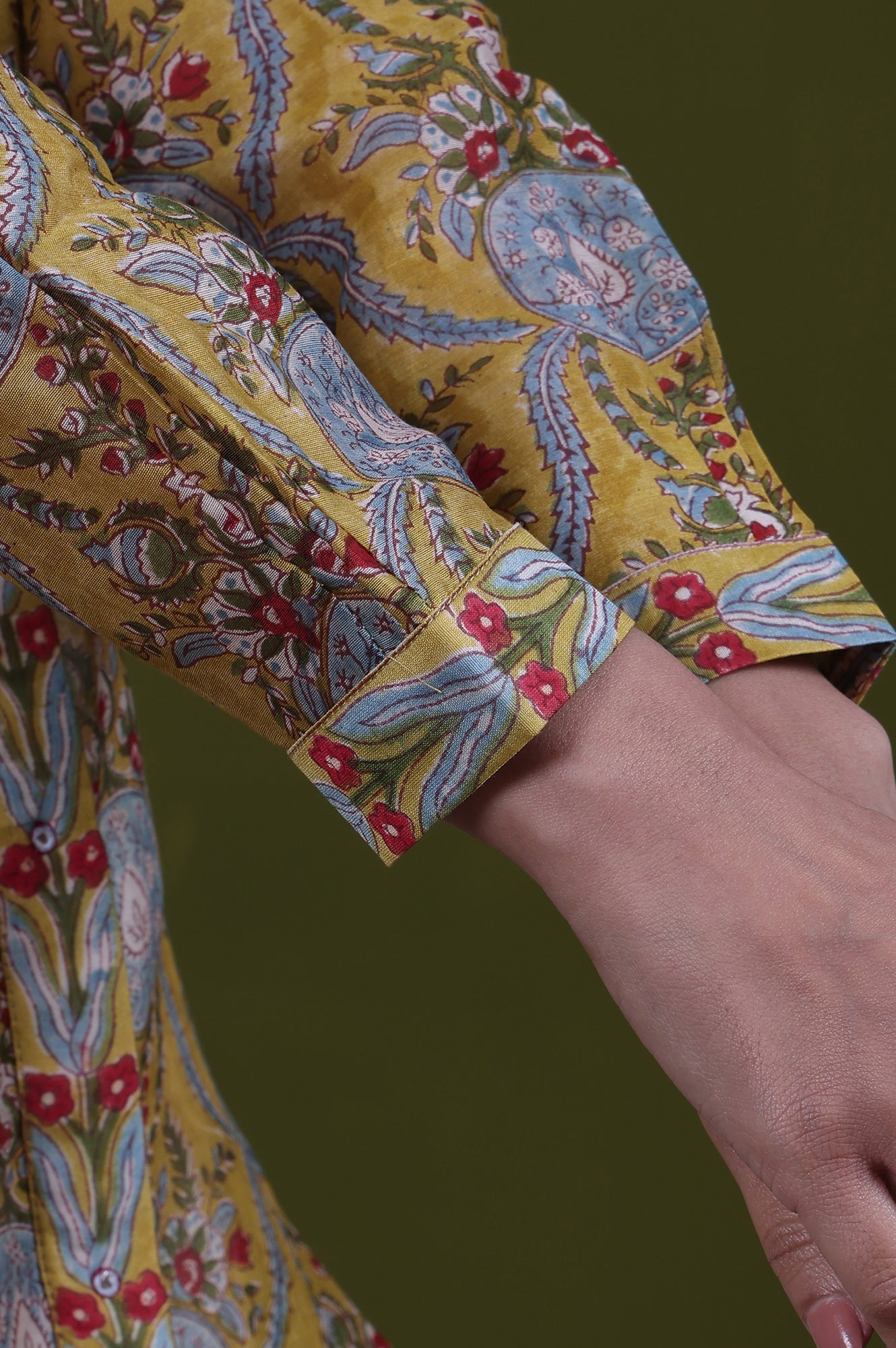 Yellow Floral Printed Mirror Work Straight Cotton Blend Top