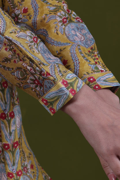 Yellow Floral Printed Mirror Work Straight Cotton Blend Top