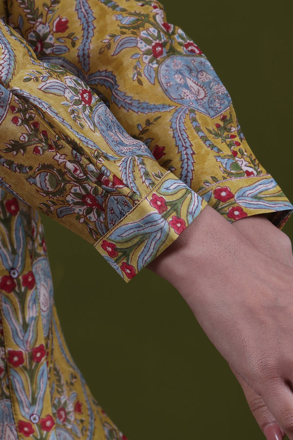 Yellow Floral Printed Mirror Work Straight Cotton Blend Top