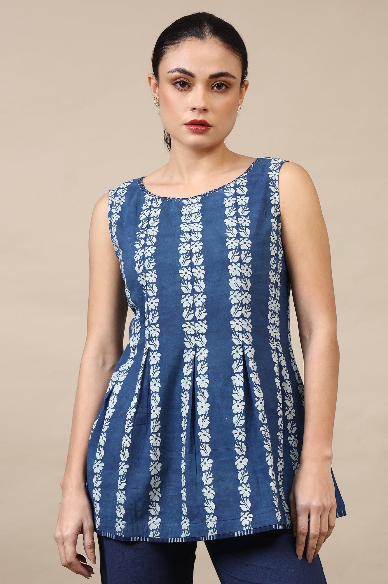 Indigo Handblock Border Print Sleveleess Top
