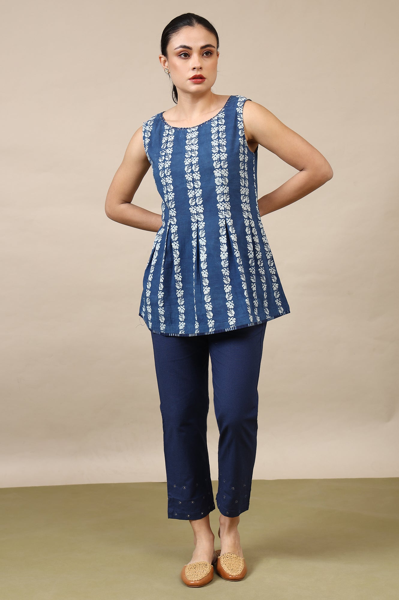 Indigo Handblock Border Print Sleveleess Top