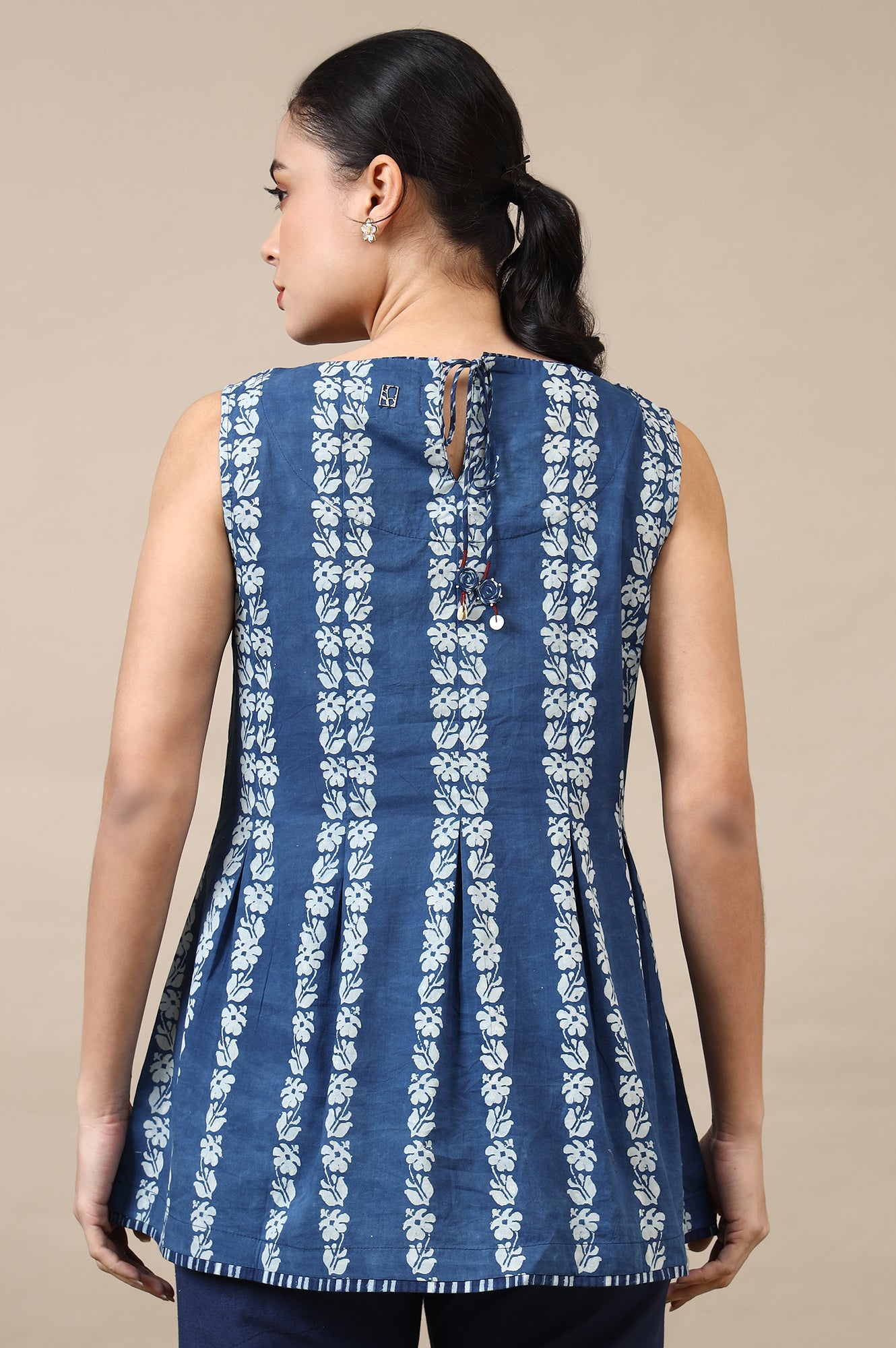 Indigo Handblock Border Print Sleveleess Top