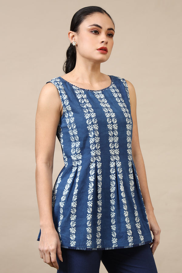 Indigo Handblock Border Print Sleveleess Top