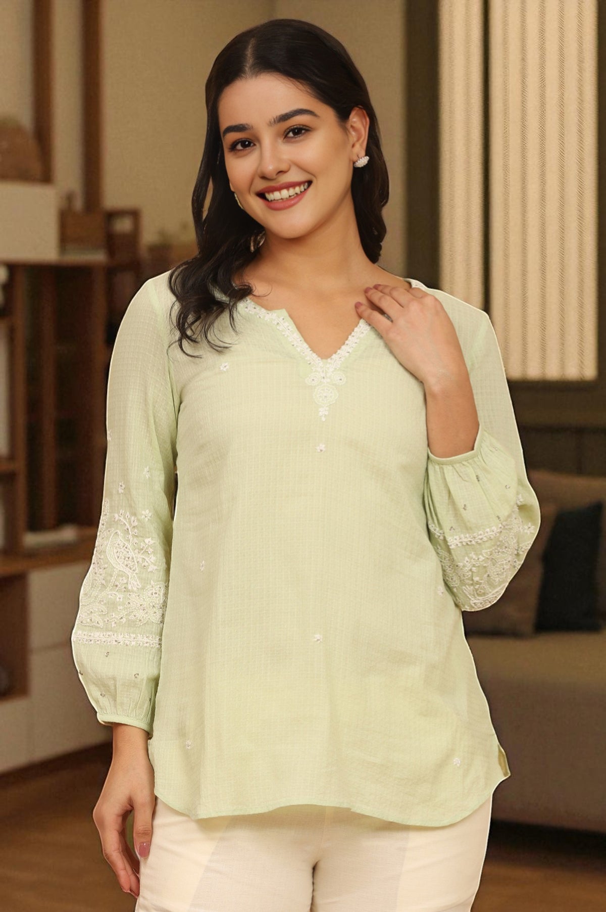 Pastel Green Chikankari Top in Textured Cotton - S