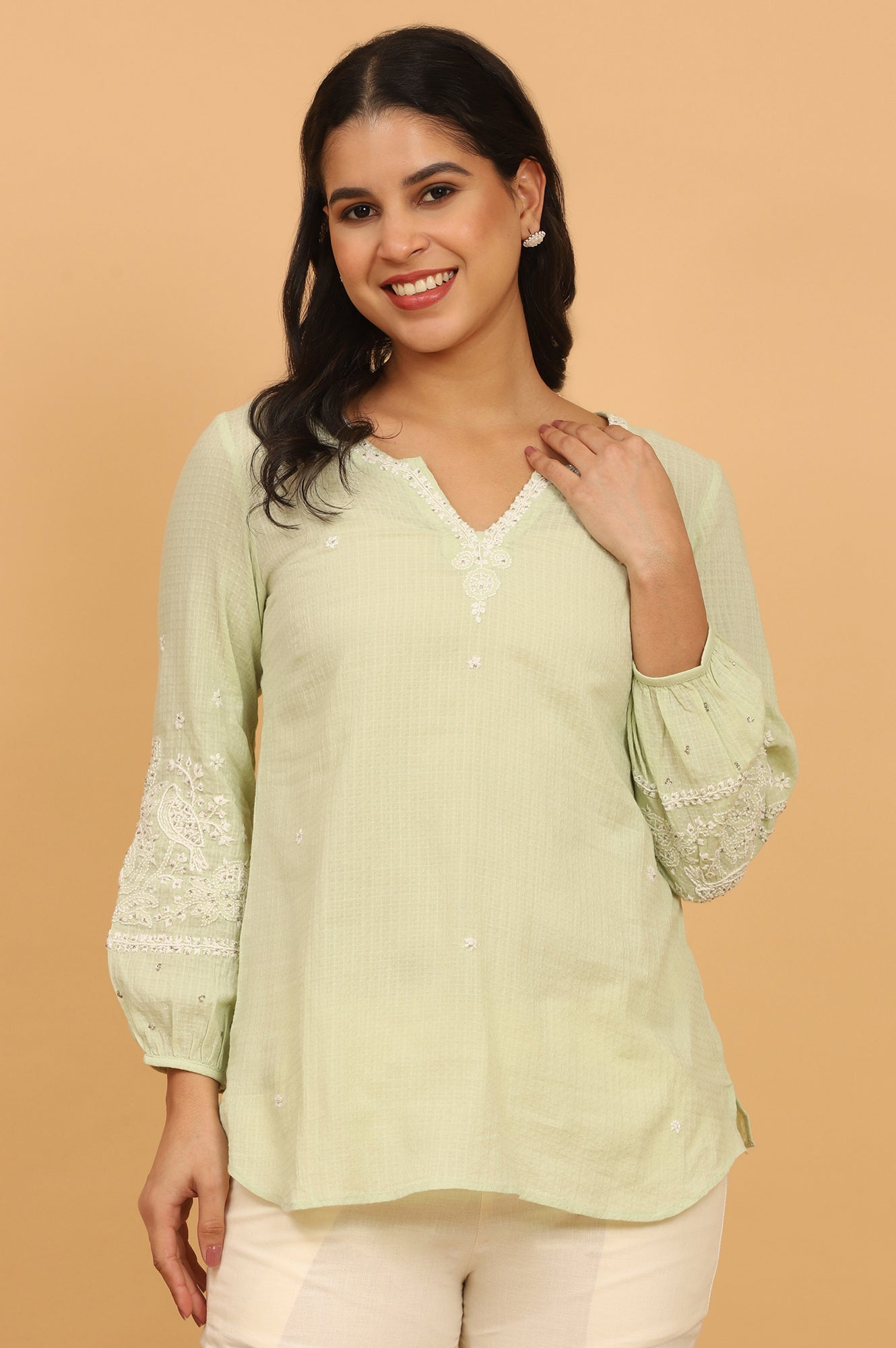 Pastel Green Chikankari Top in Textured Cotton