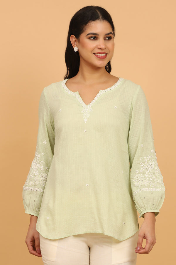 Pastel Green Chikankari Top in Textured Cotton