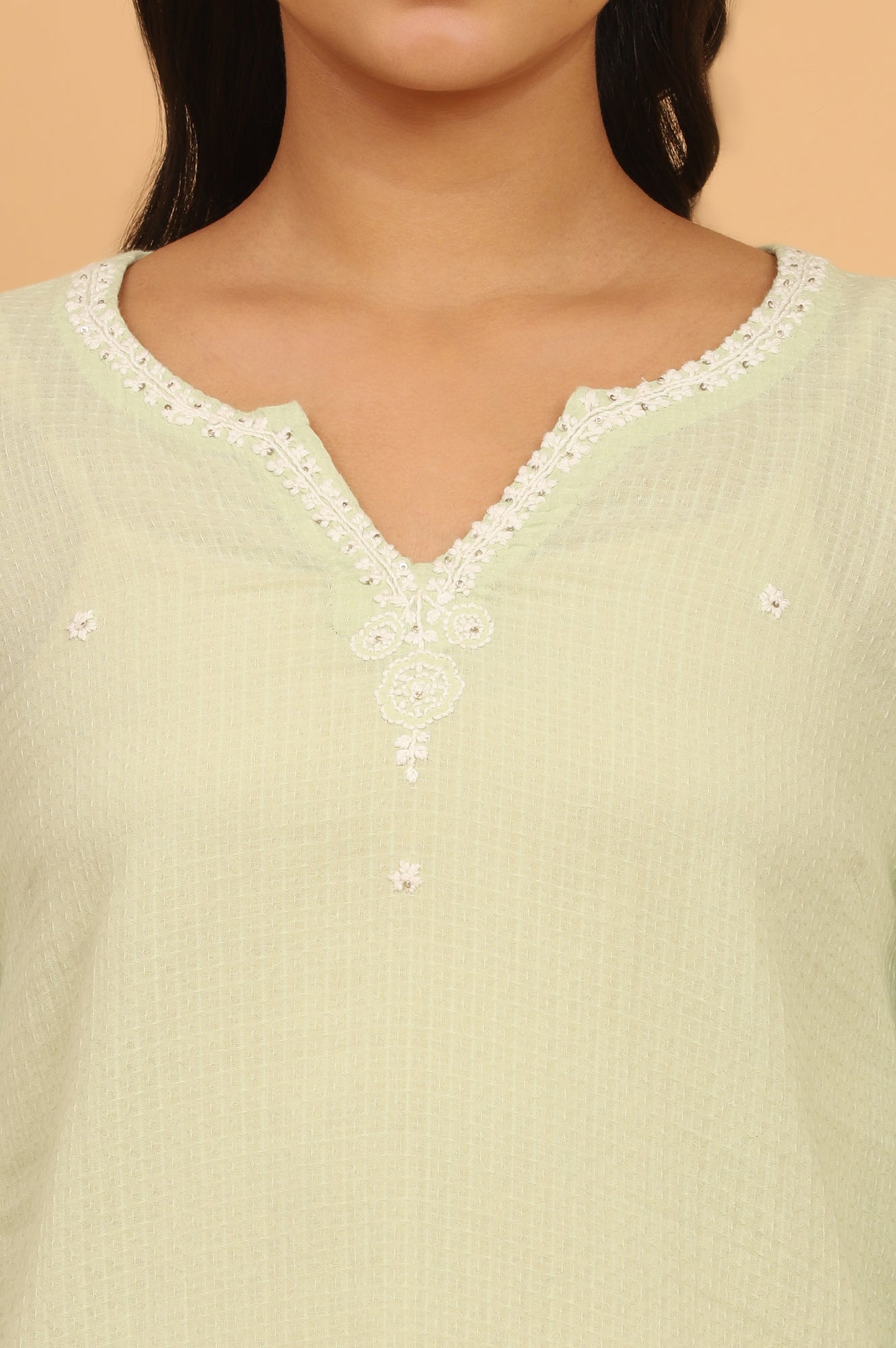 Pastel Green Chikankari Top in Textured Cotton