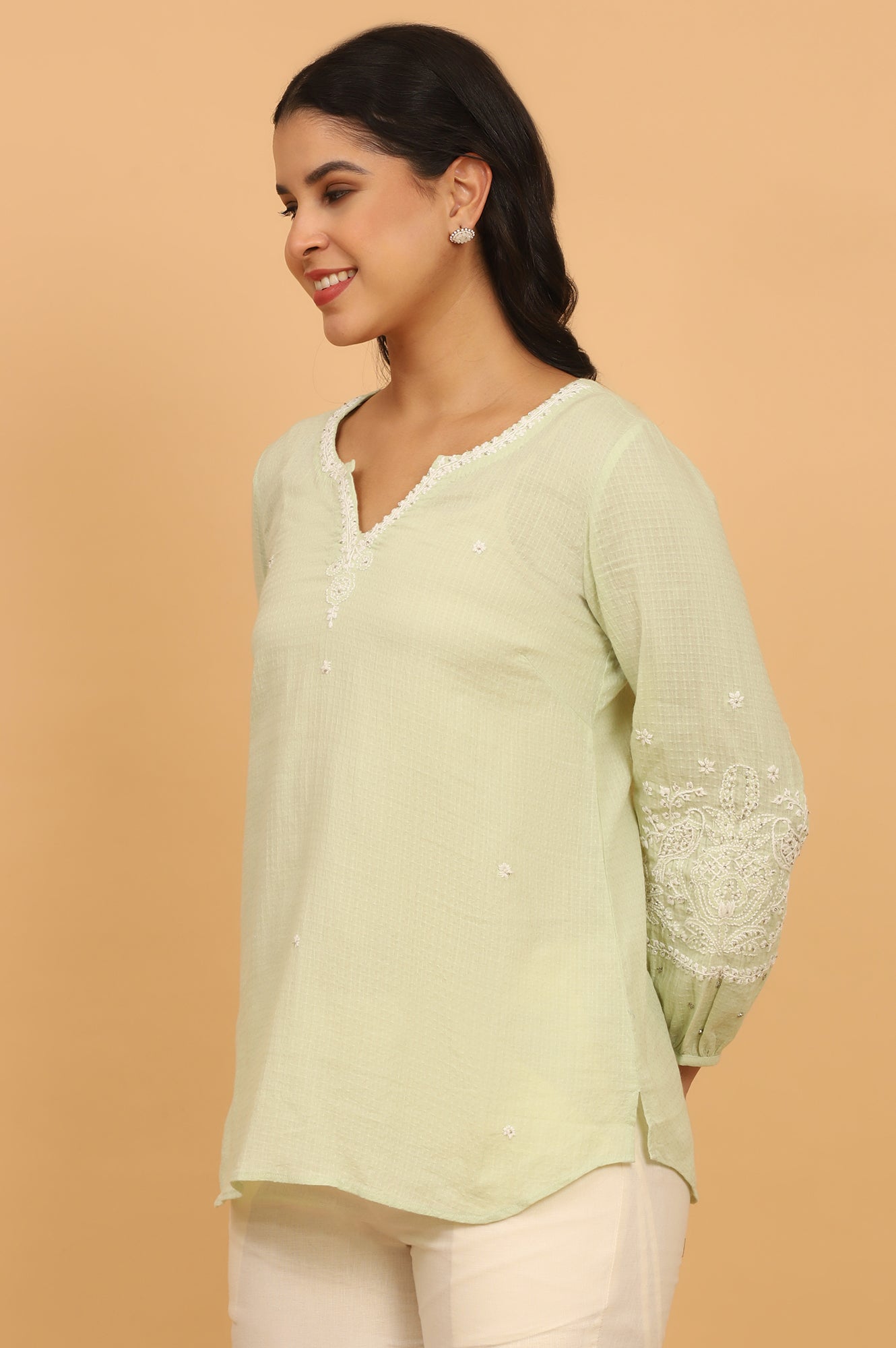 Pastel Green Chikankari Top in Textured Cotton