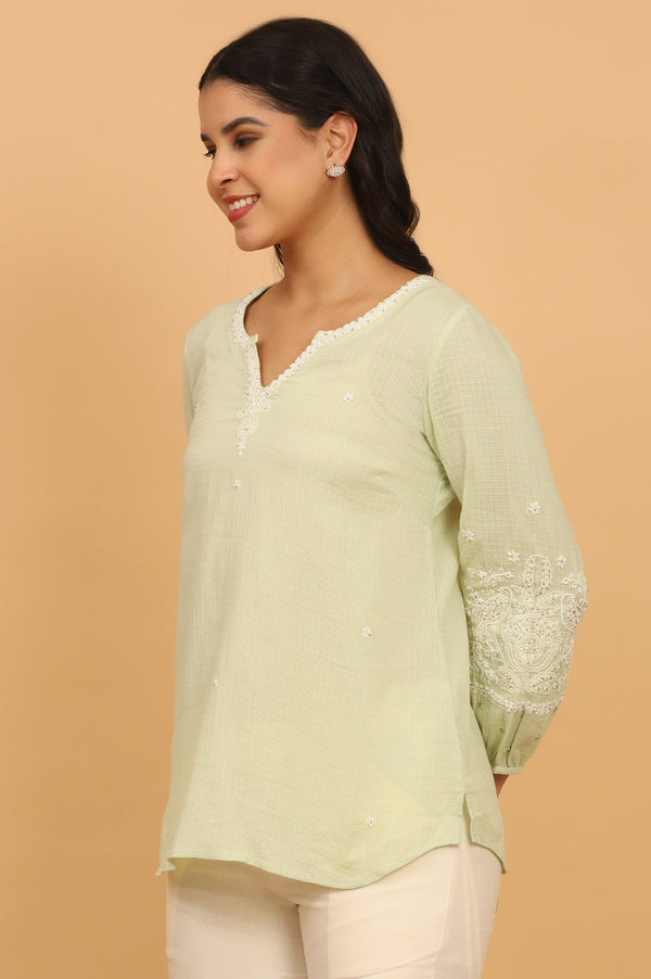 Pastel Green Chikankari Top in Textured Cotton