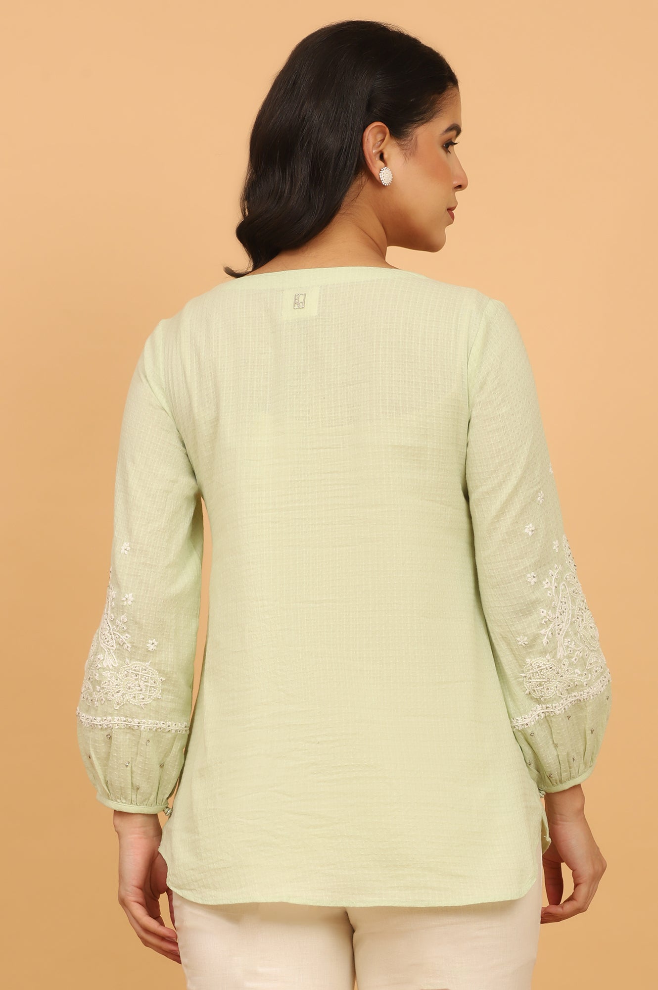 Pastel Green Chikankari Top in Textured Cotton