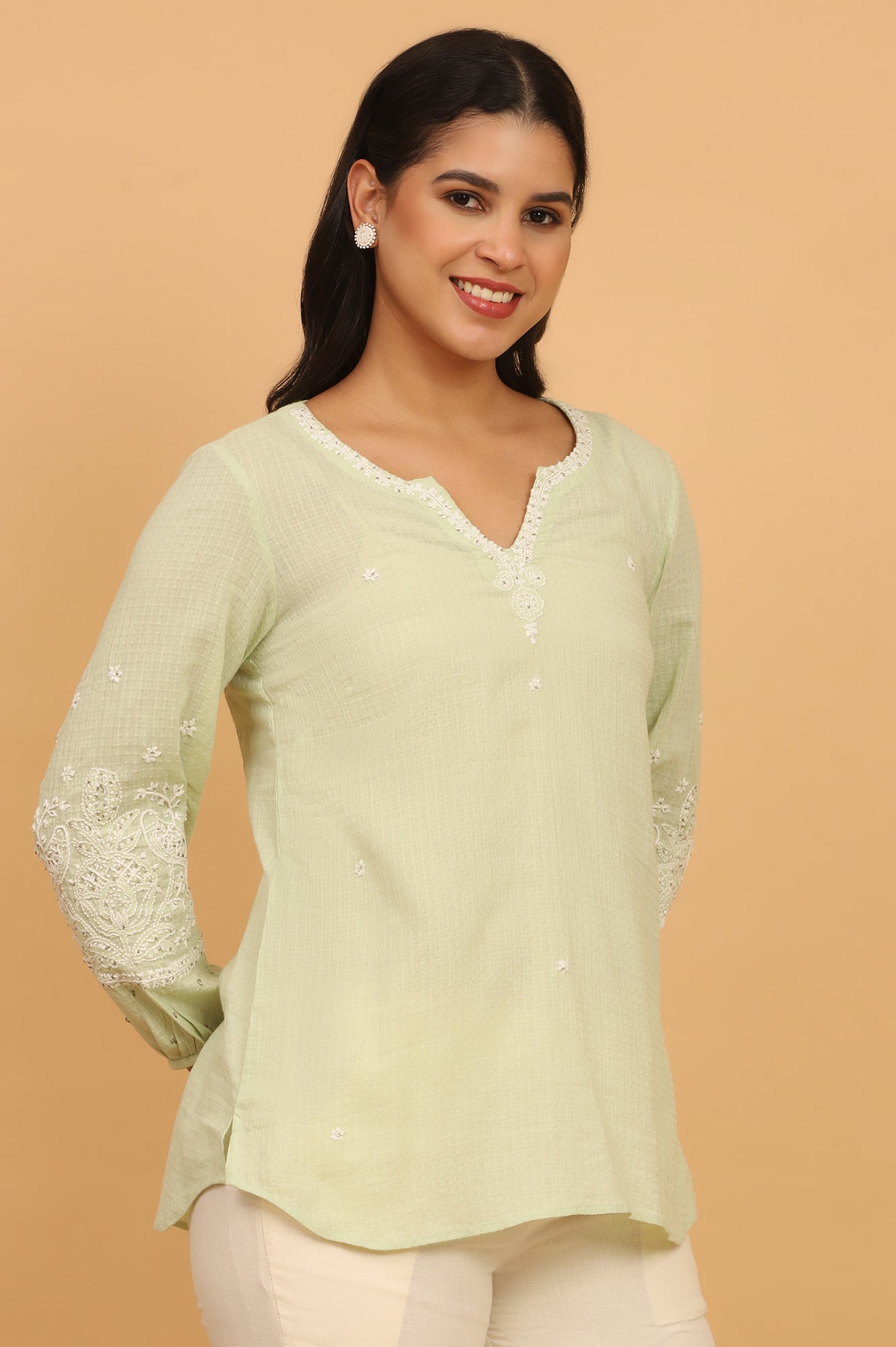 Pastel Green Chikankari Top in Textured Cotton