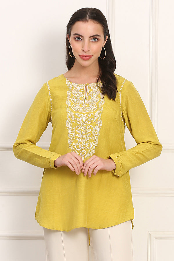 Yellow Chikankari Embroidered Square Neck Linen Blend Top