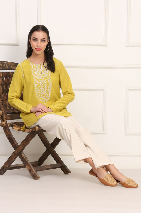 Yellow Chikankari Embroidered Square Neck Linen Blend Top