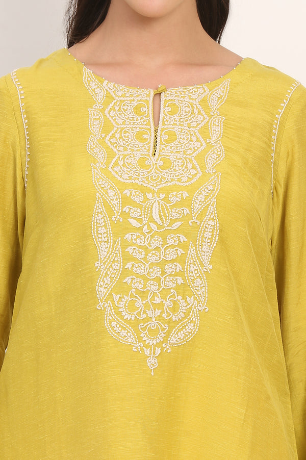 Yellow Chikankari Embroidered Square Neck Linen Blend Top