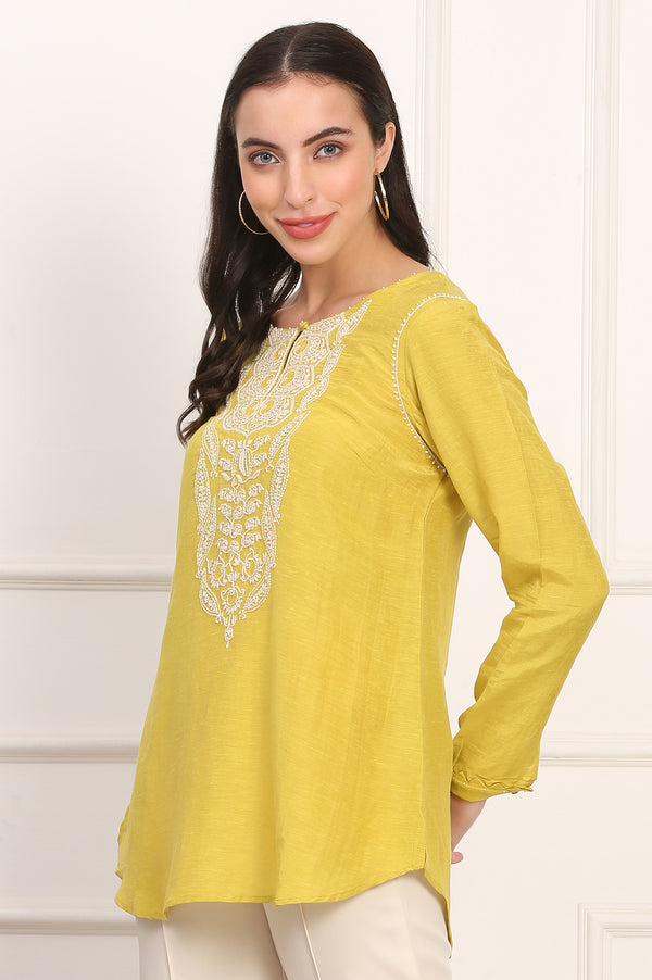 Yellow Chikankari Embroidered Square Neck Linen Blend Top