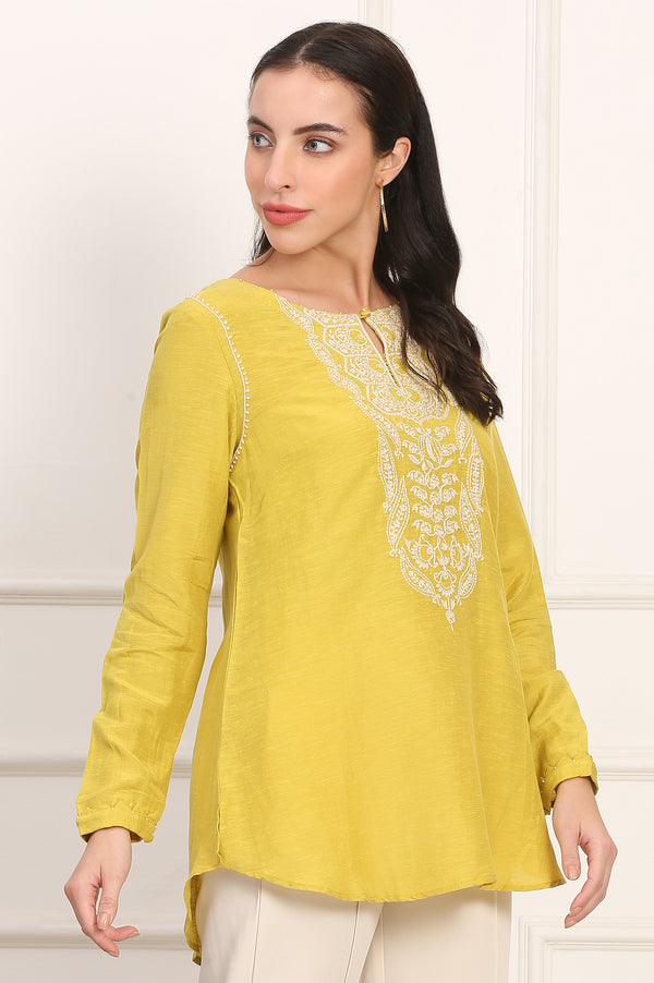 Yellow Chikankari Embroidered Square Neck Linen Blend Top
