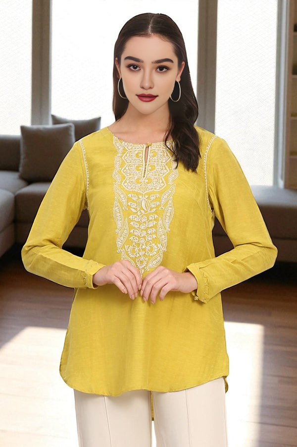 Yellow Chikankari Embroidered Square Neck Linen Blend Top