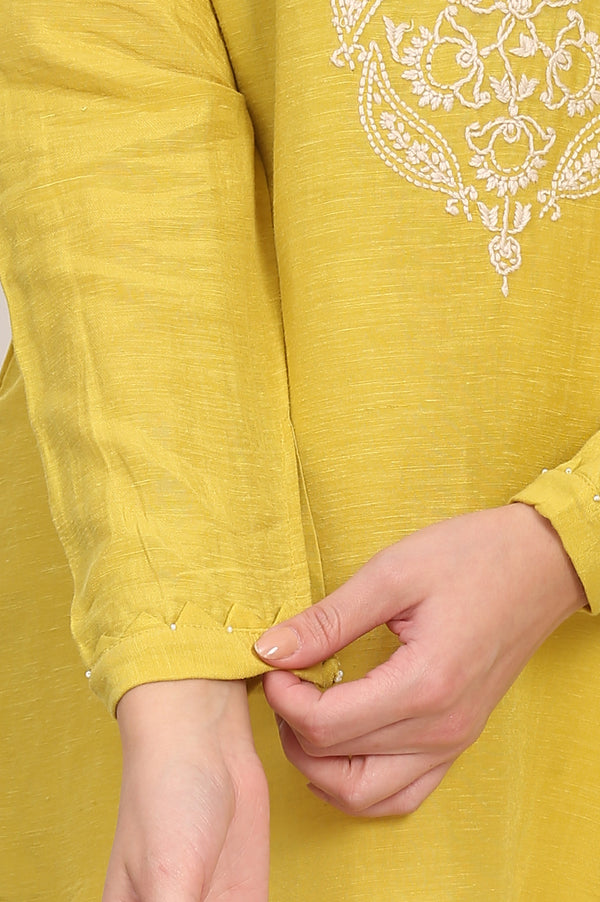 Yellow Chikankari Embroidered Square Neck Linen Blend Top