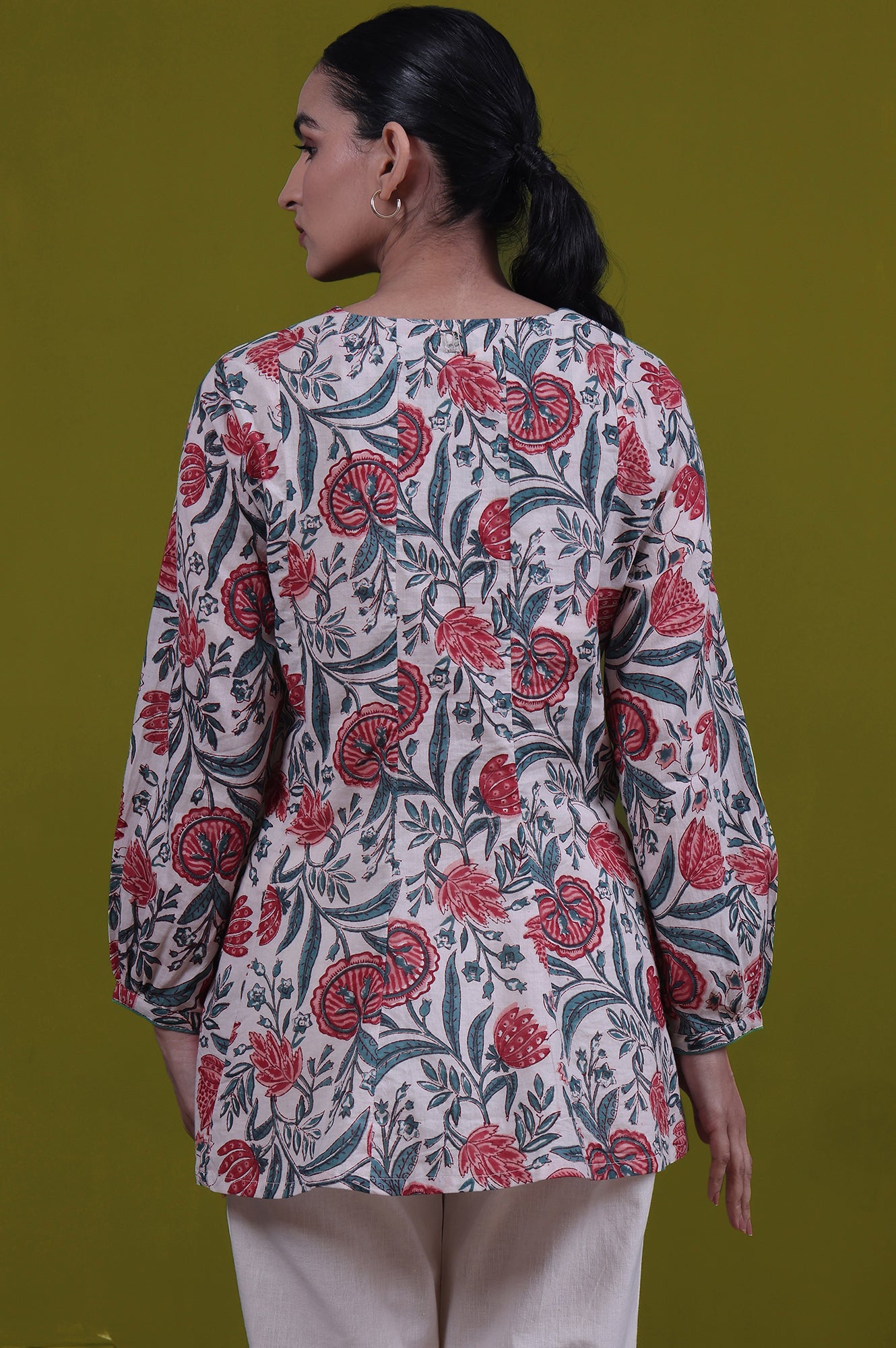 White Floral Printed Mirror Work Flared Pure Cotton Top