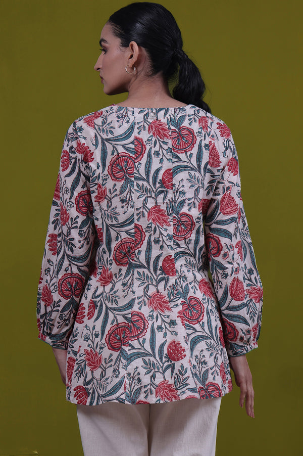 White Floral Printed Mirror Work Flared Pure Cotton Top