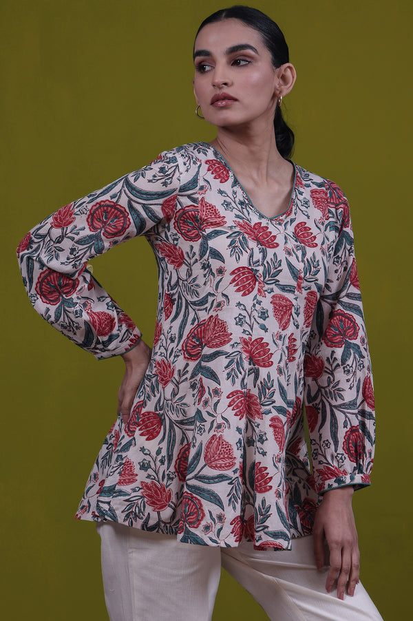 White Floral Printed Mirror Work Flared Pure Cotton Top