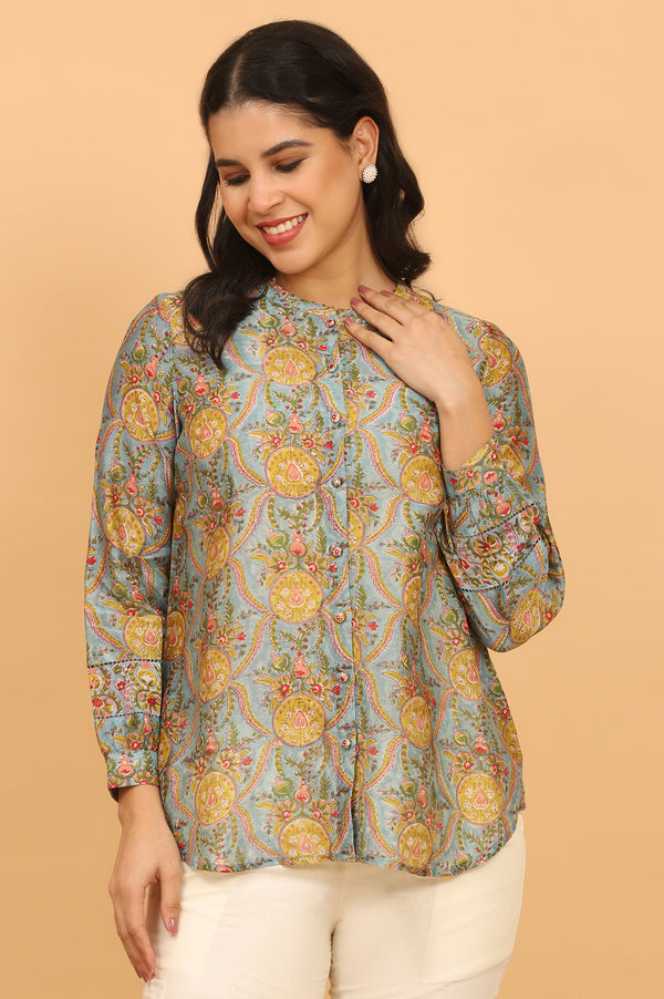 Blue Multicoloured Handblock Printed Shirt in Cotton Silk