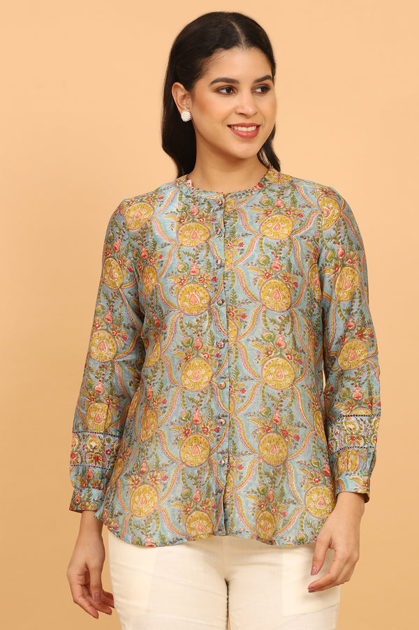 Blue Multicoloured Handblock Printed Shirt in Cotton Silk