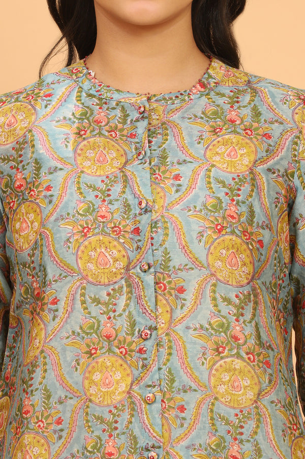 Blue Multicoloured Handblock Printed Shirt in Cotton Silk