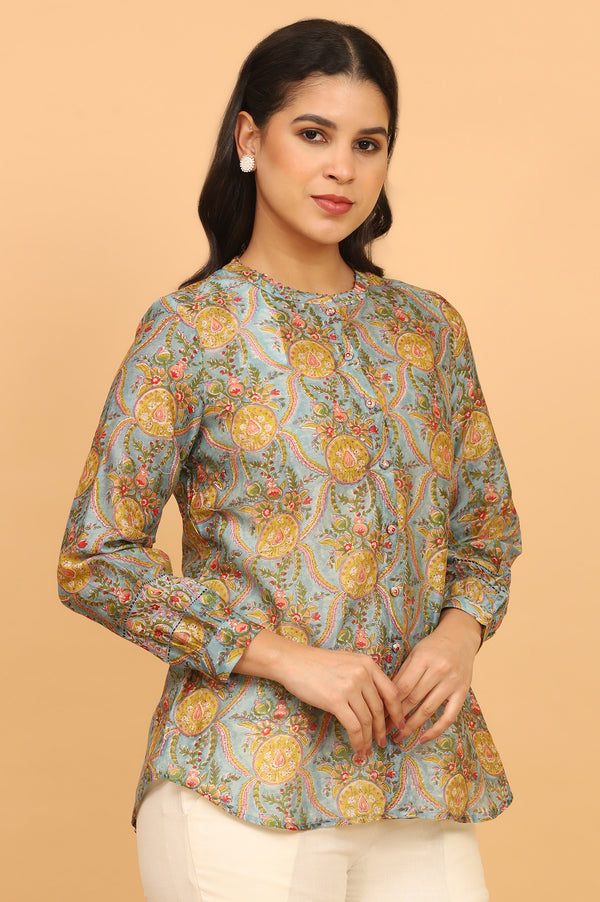 Blue Multicoloured Handblock Printed Shirt in Cotton Silk