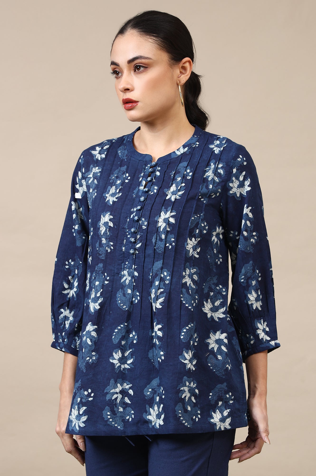 Indigo Dabu Printed Pintuck Top