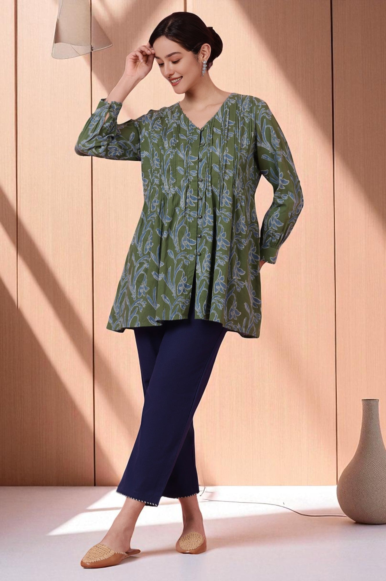 Green Handblock Printed Top in Cotton Voile